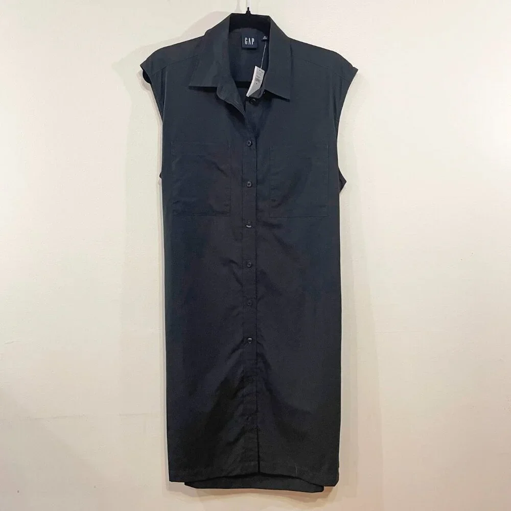 2/$40 New Gap 100% Cotton Utility Back Cut-Out Shirtdress Black Medium - Picture 2 of 8